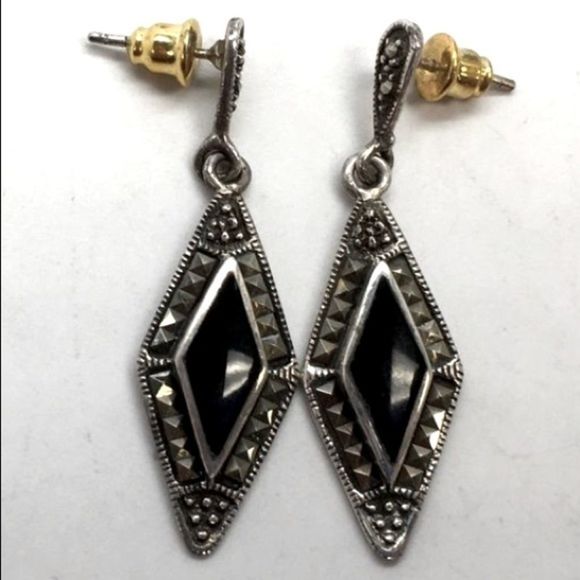 Sterling Silver Marcasite Onyx Drop VTG Earrings - Picture 5 of 14